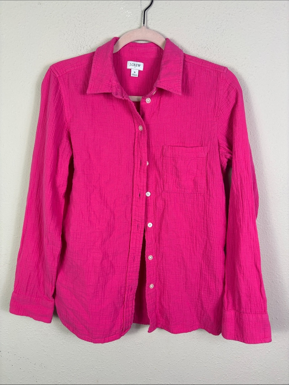 J. Crew Gauze Cotton Hot Pink Button Down Shirt Long Sleeve size Small